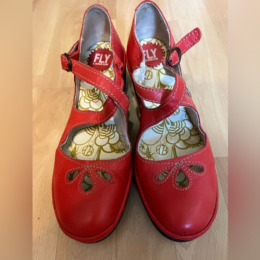 Fly London Red Leather Wedge Mary Janes